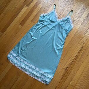 Vintage Nightgown Slip Dress 46 / 2X Blue Satin Nylon Lace Chemise Lingerie USA